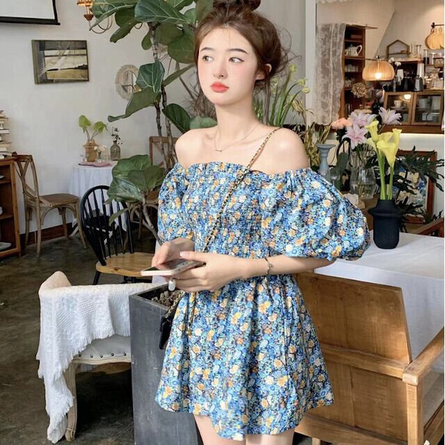 オールインワン レディース キュロットスカート パンツ オフショルダー パフスリーブ ボリュームスリーブ ミニ丈 春夏 リゾート 旅行 ビーチ プール花柄 総柄 ブルー Sサイズ Mサイズ