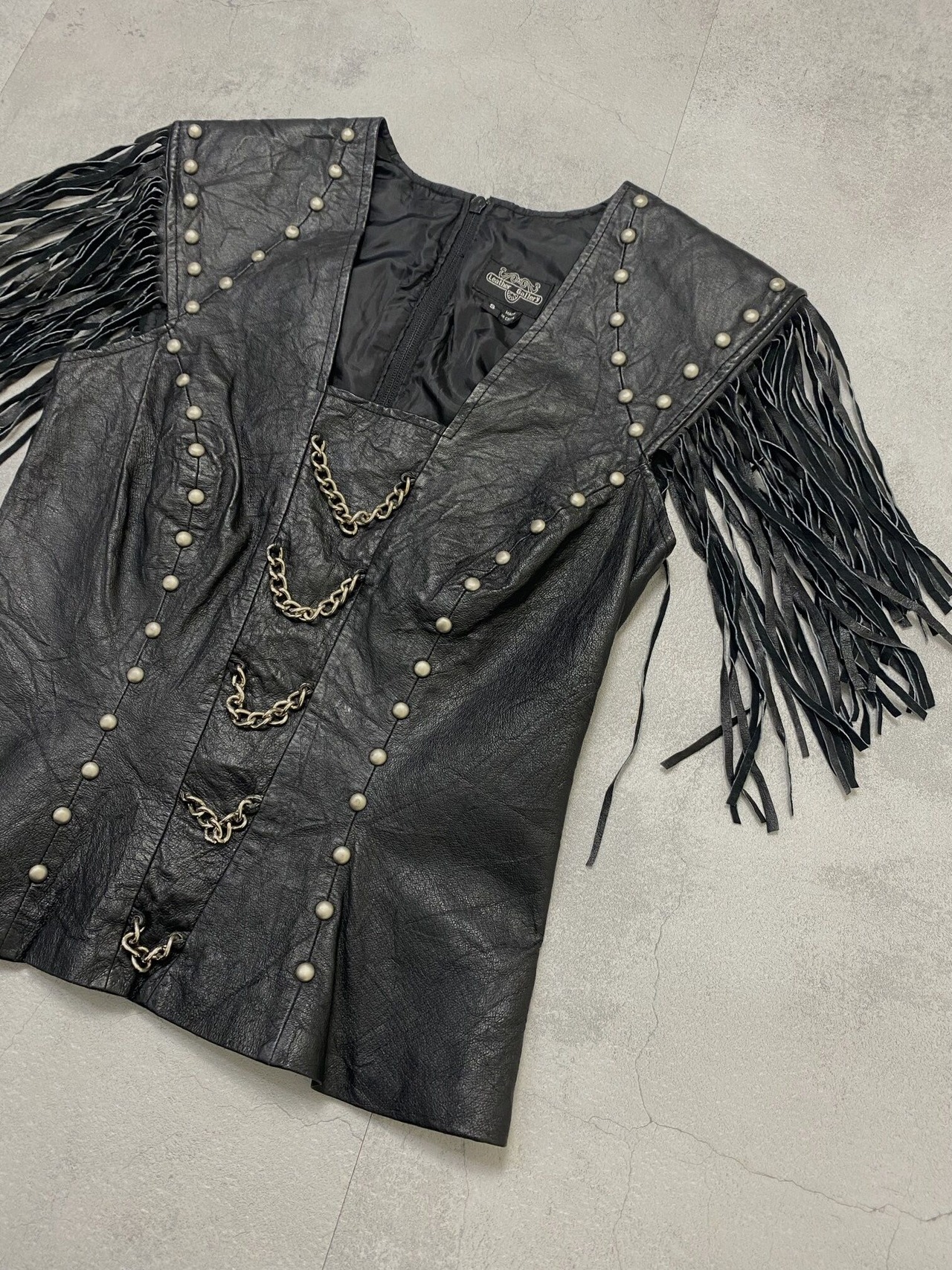 fringe studs real leather tops-3278-2