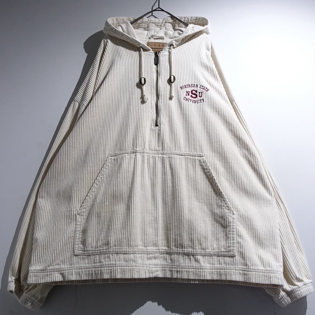 90s “GEAR” Ivory College Embroidery Design Corduroy Half-Zip Hoodie