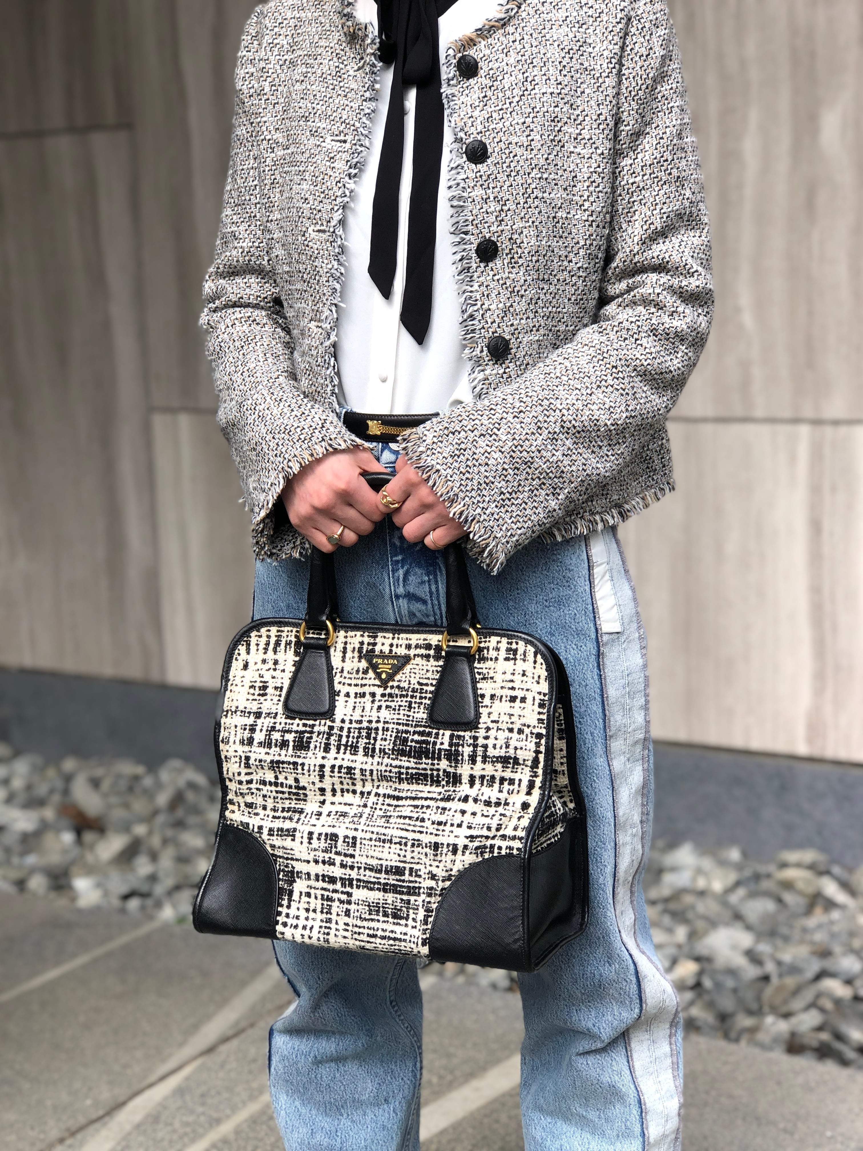 PRADA プラダ ハンドバッグ ホワイト ブラック トライアングルロゴ ファブリック ツイード vintage ヴィンテージ オールド xpzwfz