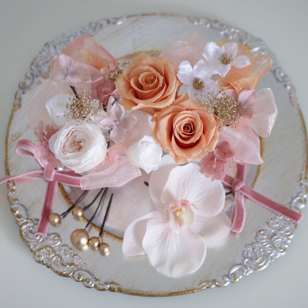 ブーケの様な髪飾り ヘッドドレス かくすみ ピンク パープル 萎れ 