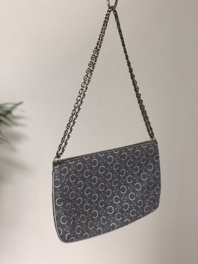 CELINE セリーヌ Cマカダム トリオンフ ファブリック レザー チェーン ポシェット ショルダーバッグ スカイブルー vintage ヴィンテージ オールド nit6xf