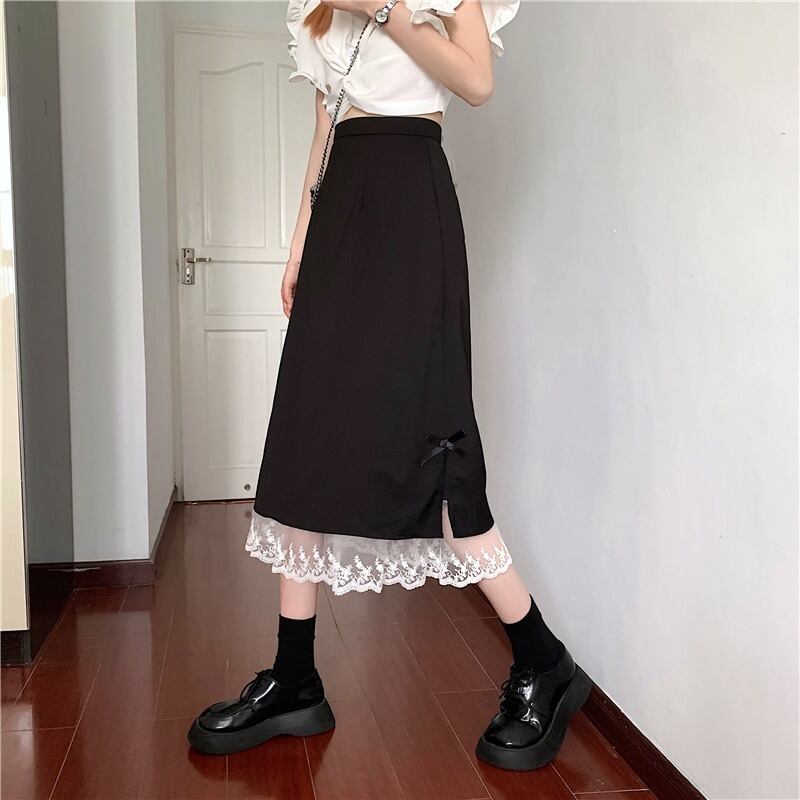 Aラインスカート スプリングオータム薄手ハイウェストウェストレースブラック 春物 秋物 ステッチ 1号婦人28755172386