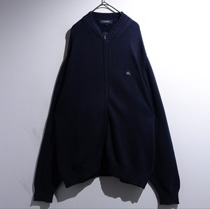 "Burberry" Navy Logo Embroidered Full-Zip Cotton Knit