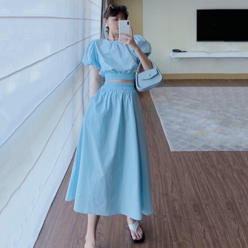 スタイルスリーブシャツ ハイウェストウェストスカート ハンチェンe59969641026