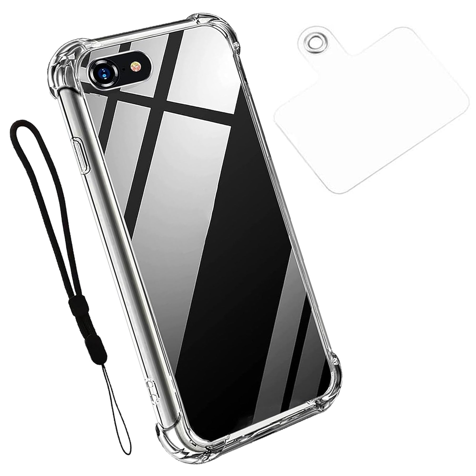Nutmeg 対応 iPhone SE 第3世代 ケース+透明シート+短い紐 iPhone SE 第3世代/iPhone SE2 / iPhone8 / iPhone7 バンパーカバー スレ傷防止 4つ角ダンパー カメラレンズ保護設計 米軍MIL規格 ケース スマホケース 黄変防止 衝撃吸収 高耐久 落下防止 軽量 日本正規品 傷に強い 透明 TPUバンパー