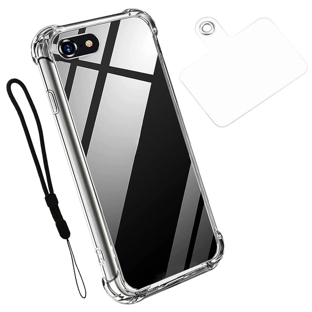 Nutmeg 対応 iPhone SE 第3世代 ケース+透明シート+短い紐 iPhone SE 第3世代/iPhone SE2 / iPhone8 / iPhone7 バンパーカバー スレ傷防止 4つ角ダンパー カメラレンズ保護設計 米軍MIL規格 ケース スマホケース 黄変防止 衝撃吸収 高耐久 落下防止 軽量 日本正規品 傷に強い 透明 TPUバンパー
