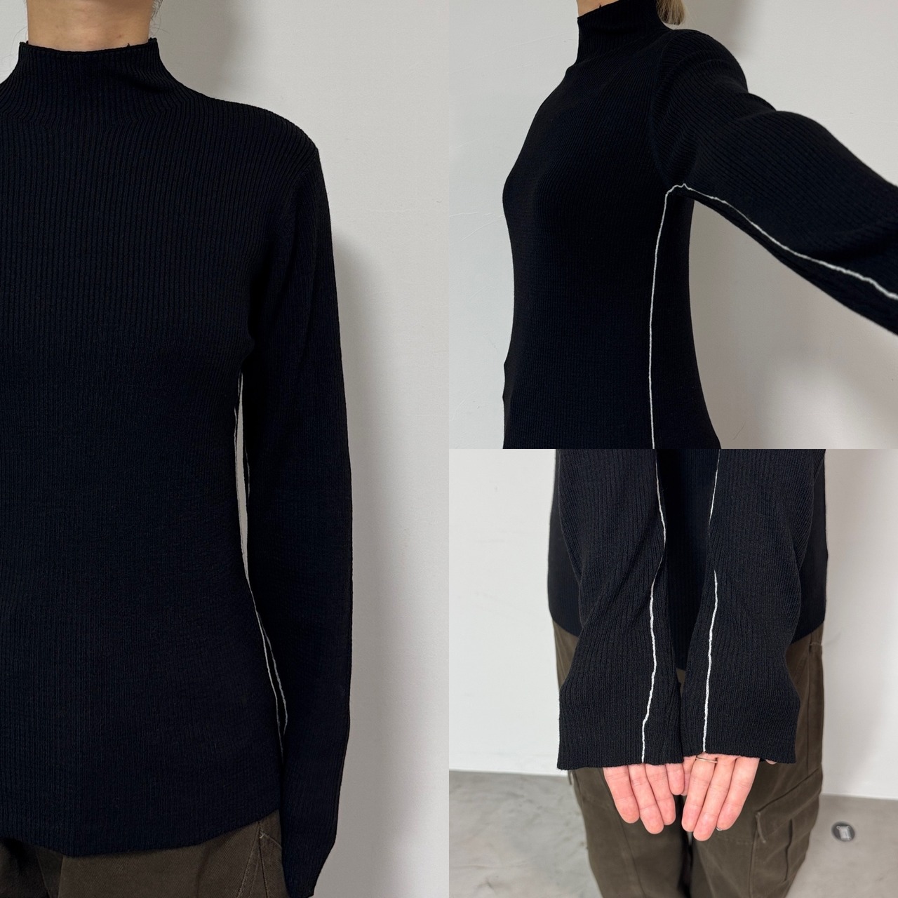 パイピングラインウール混リブknit/ブラック