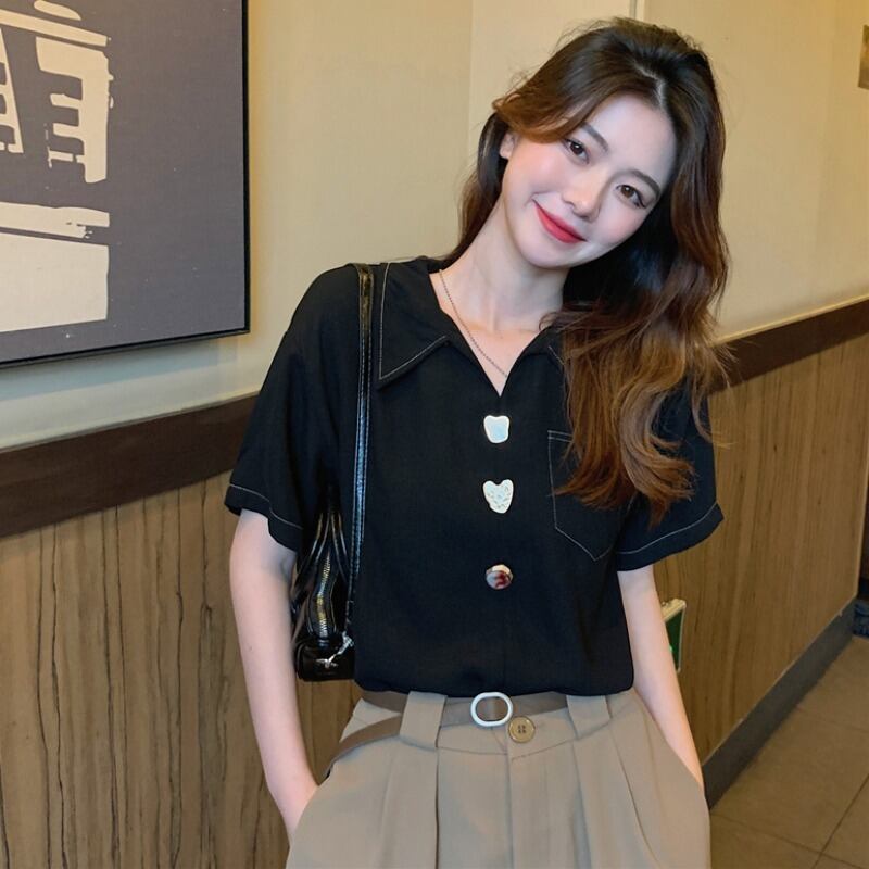 シャツ トップス レディースサマー薄手ルーズVネックブラック 夏物 1号婦人18817525533