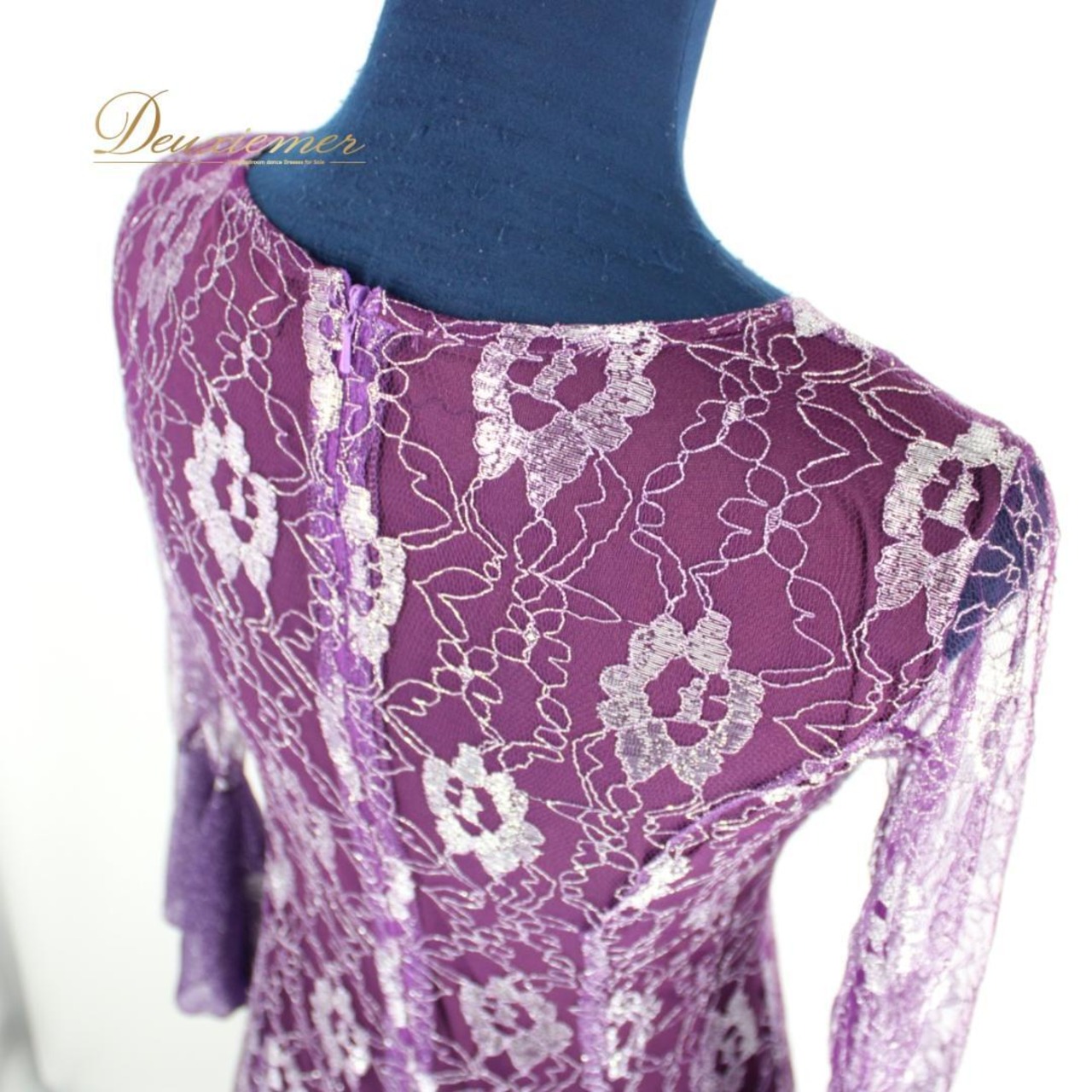 【美品 社交ダンス衣装】ワンピース ドレス prima boutique プリマブティック 紫 パープル レース 銀 シルバー 花柄 豪華 派手