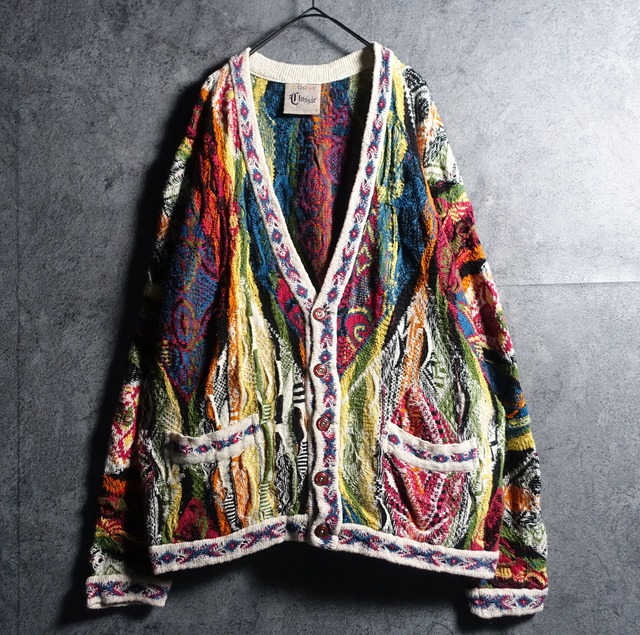 90s "COOGI" Multicolor 3D Pattern Design Cotton Knit Cardigan