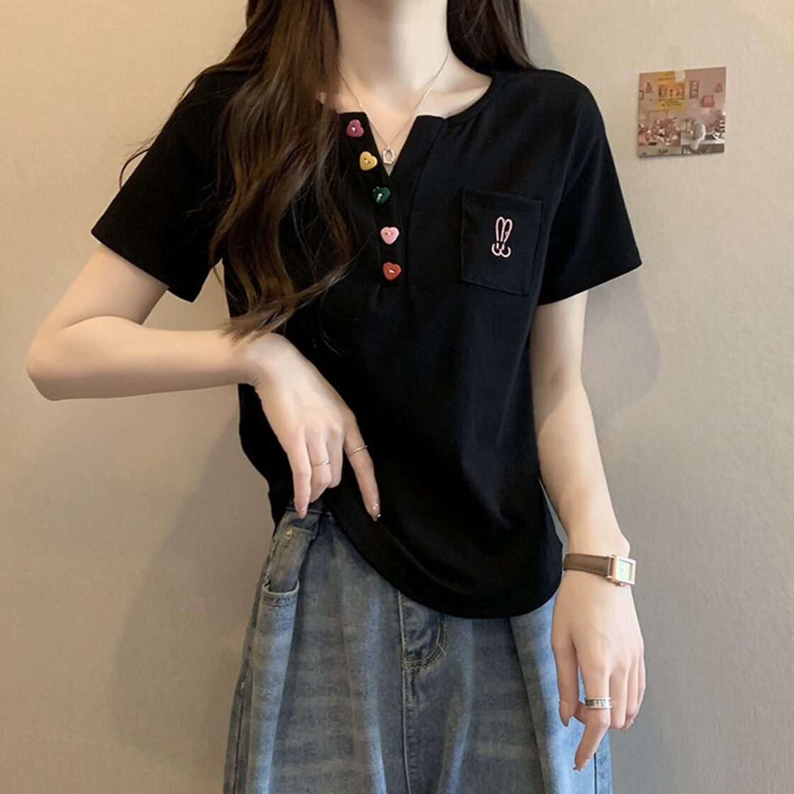 ブラックフロントショルダー半袖Tシャツレディースサマーデザイン 