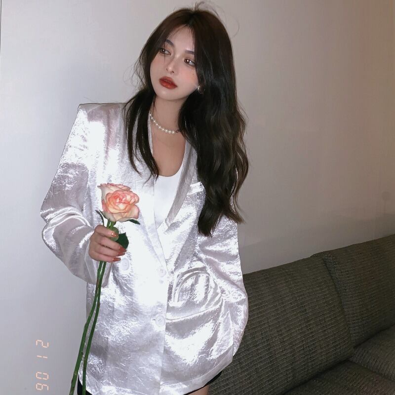 サテンジャケット ホワイトルーズ薄手サマースタイル ストリート 夏物 ブラックストロベリース25819188131