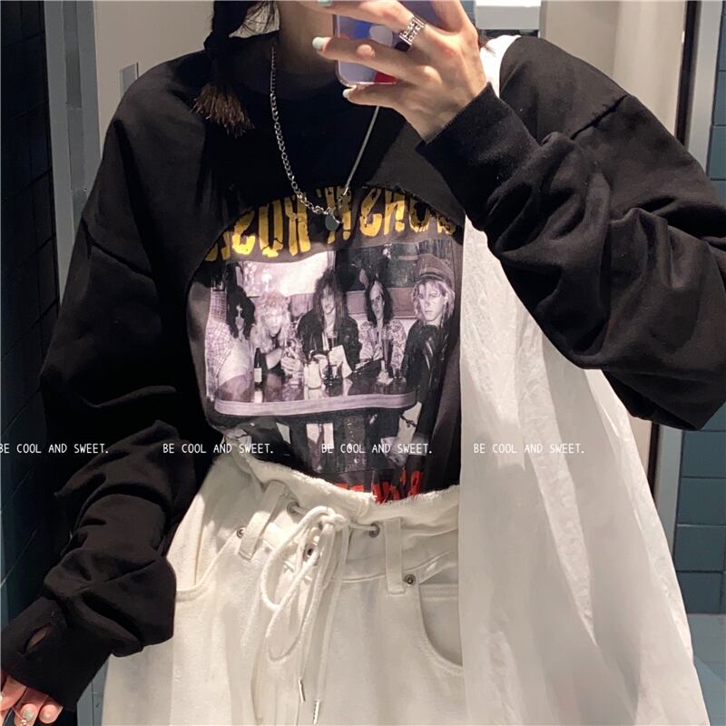 スウェット レディースルーズスタイルショートブラックプルオーバー ブラウス スプリング 春物 ブラックストロベリース58274222822