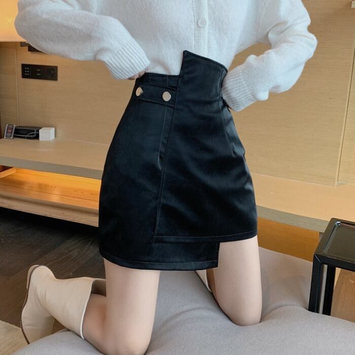 ブラックレザースカート スプリングオータムハイウェストウェスト薄手Aラインショート 春物 秋物 1号婦人80813367861