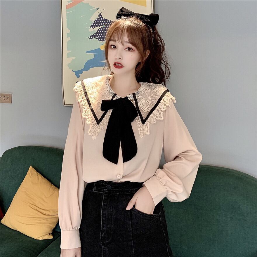 レースカラーリボンホワイト 白シャツ レディース ロング マキシロング