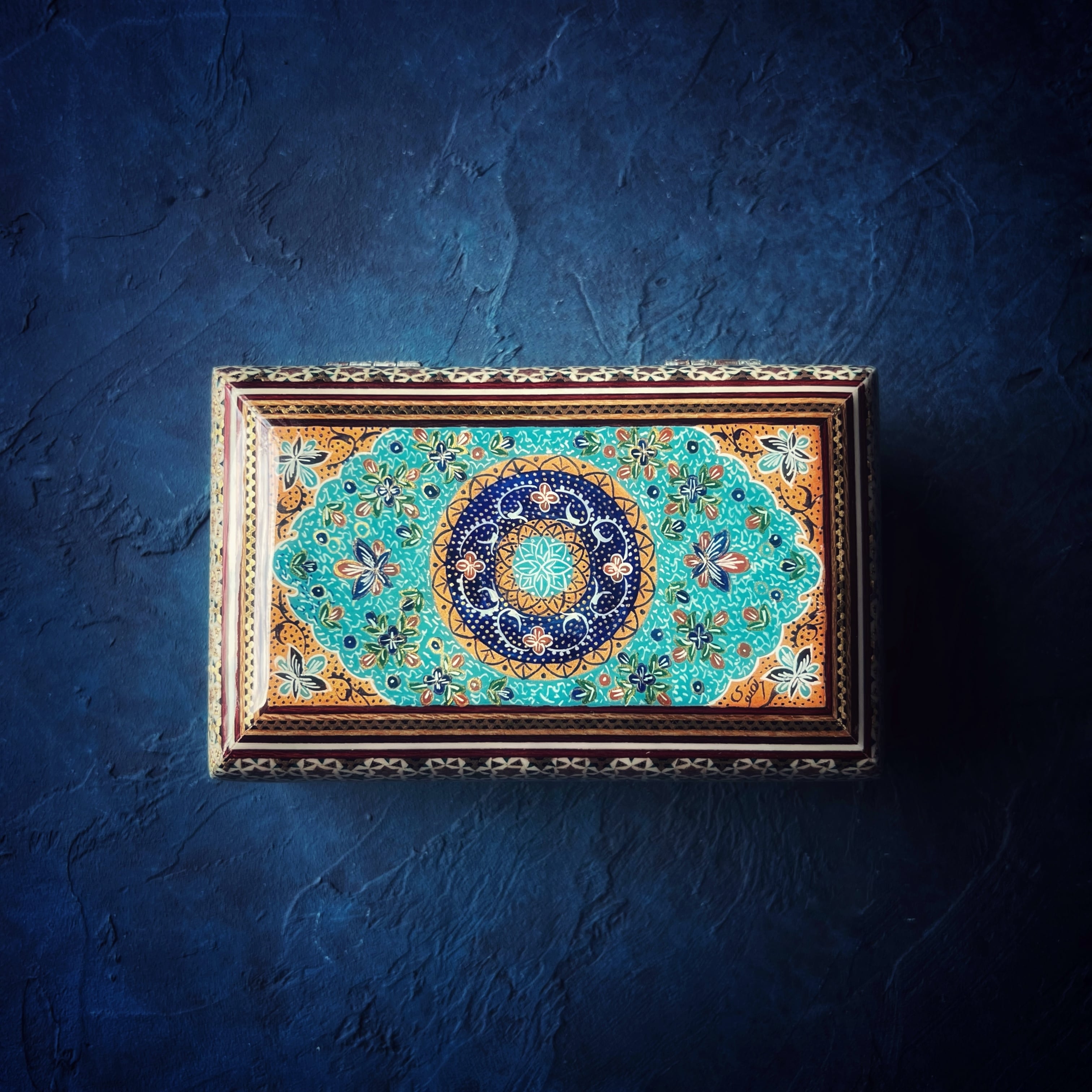 象嵌細工(ハータムカーリー)小箱 長方形 16cm ターコイズ × オレンジ【KHATAM KARI-191】