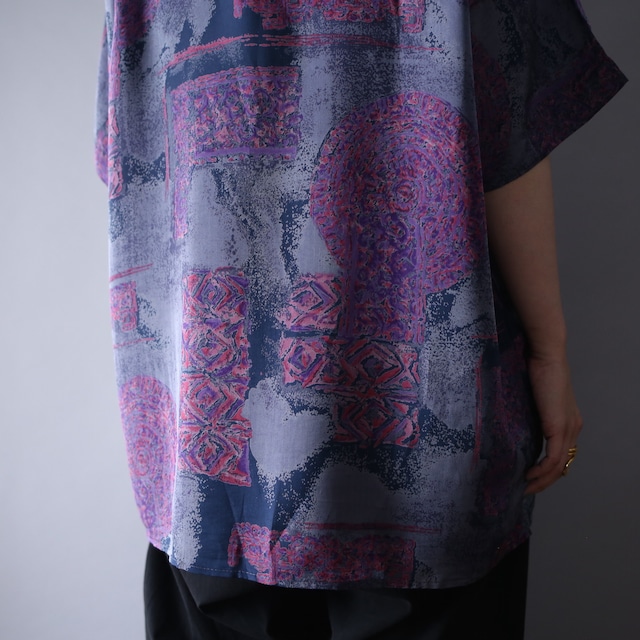 gloss fabric poison color abstract painting fry-front h/s silk shirt　