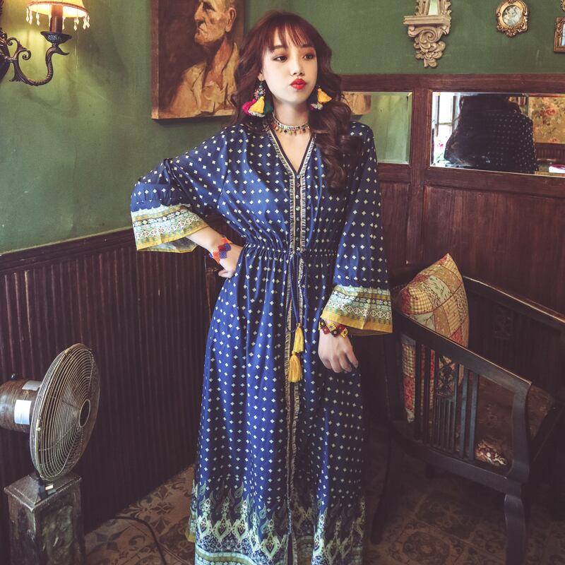 タイタイドブランドボヘミア三亜ビーチスカートエスニックスタイルレトロプリントVネックtelエラスティックバンドドレス 延命家ファッション1053677