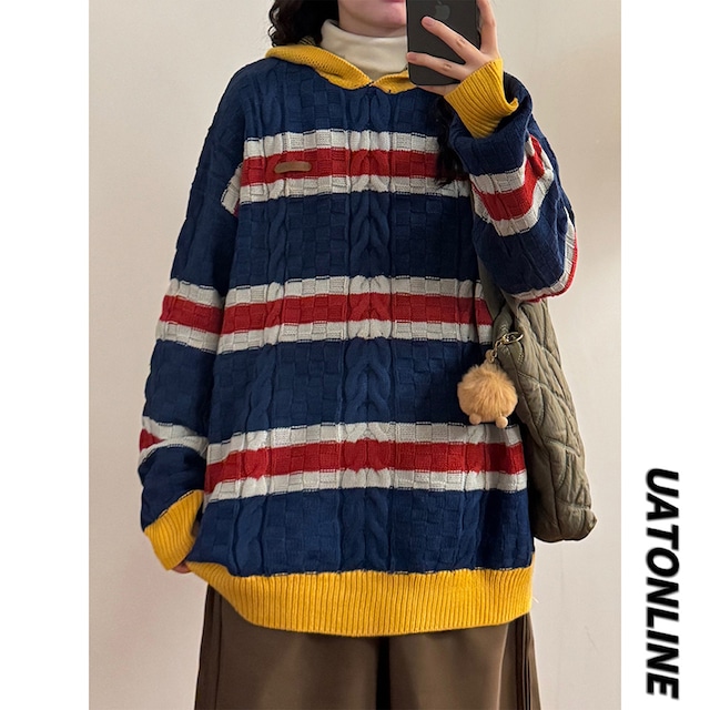 【UATONLINEシリーズ】★セーター★ 2color ニットトップス パーカー ユニセックス 横縞 縞模様