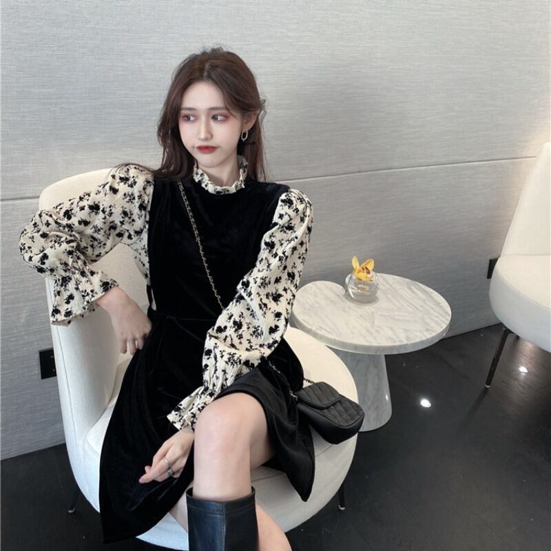 ドレス スタンダードフローラルスカート スプリング ロング レトロ 春物 花柄 ステッチ ブラックストロベリース80023539343