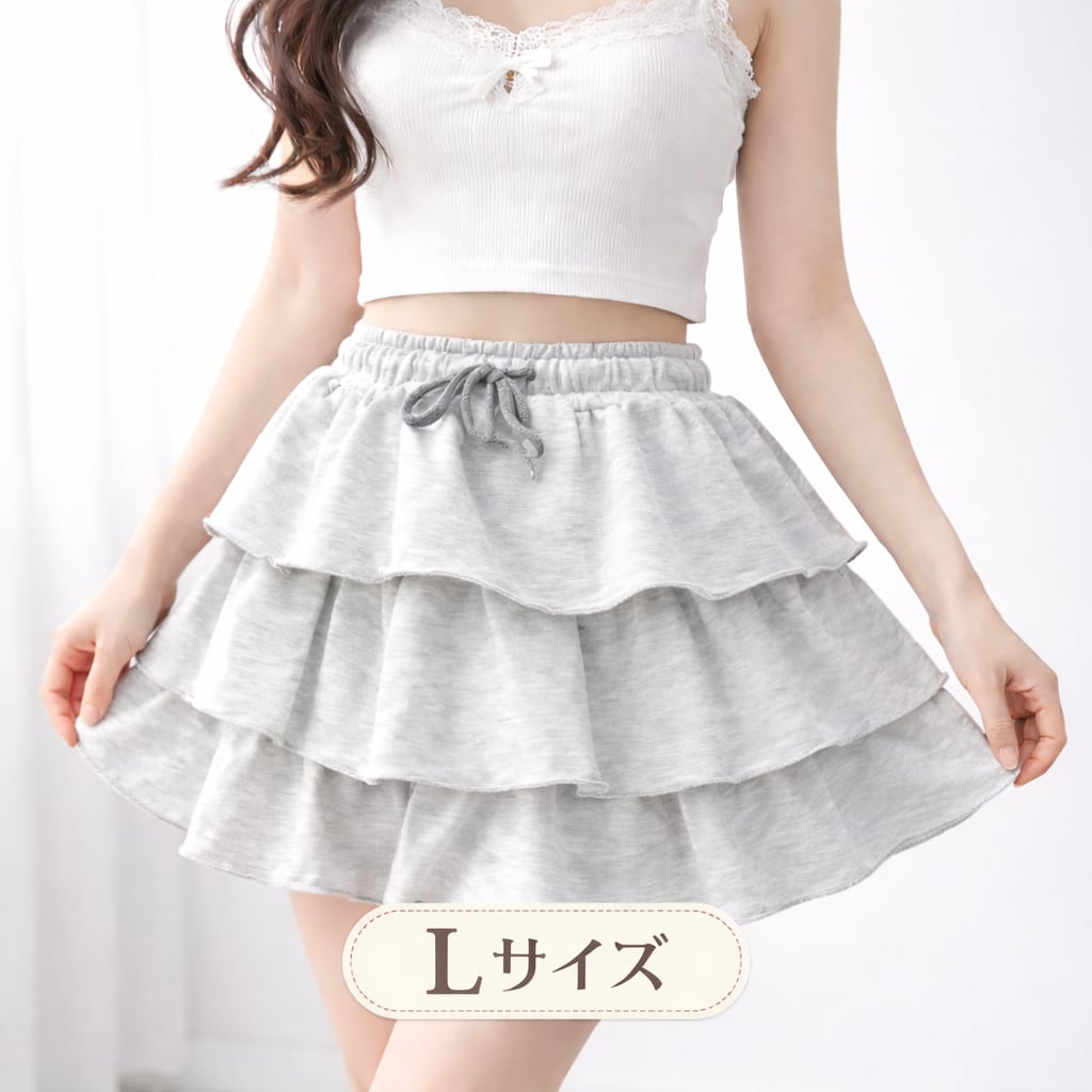 3段フリル グレー ミニスカート L 美シルエット ゴムウエスト ボリューム