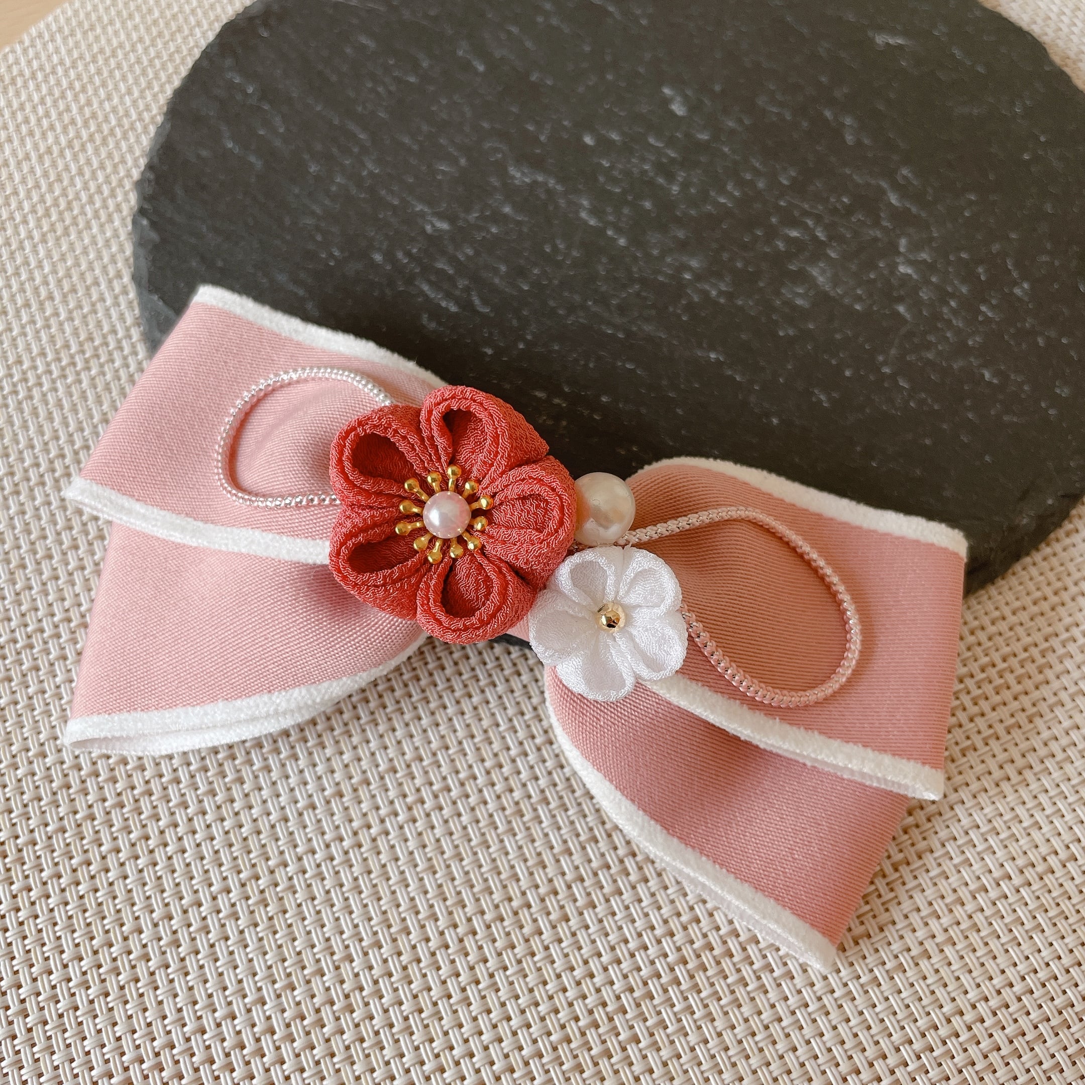 クワッドリボンのバレッタ＊グレイッシュピンク×ストライプ＊フラワー