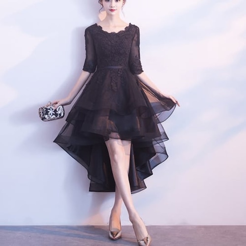 ドレス フォーマル ワンピース 膝上 結婚式  披露宴 二次会  黒 ブラック 30代 40代 発表会 華やか シフォン 大きサイズ 着やせ スイート エレガント お呼ばれ パーティドレス