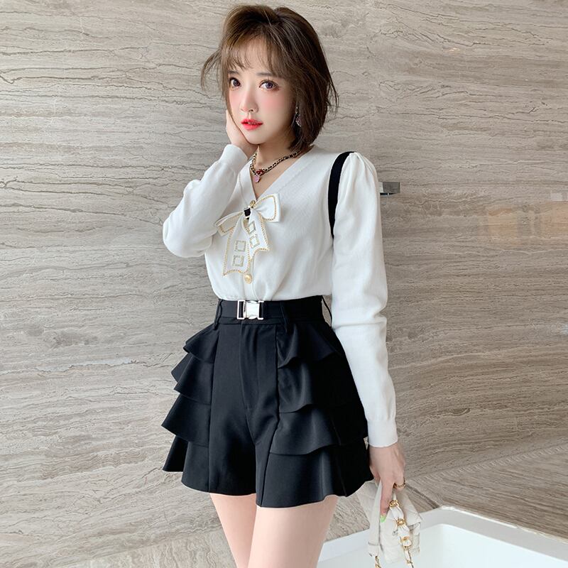 チェーン Vネックニットカーディガン リボン 大人ガーリー スウィート キュート カジュアル MIUCO40496544113