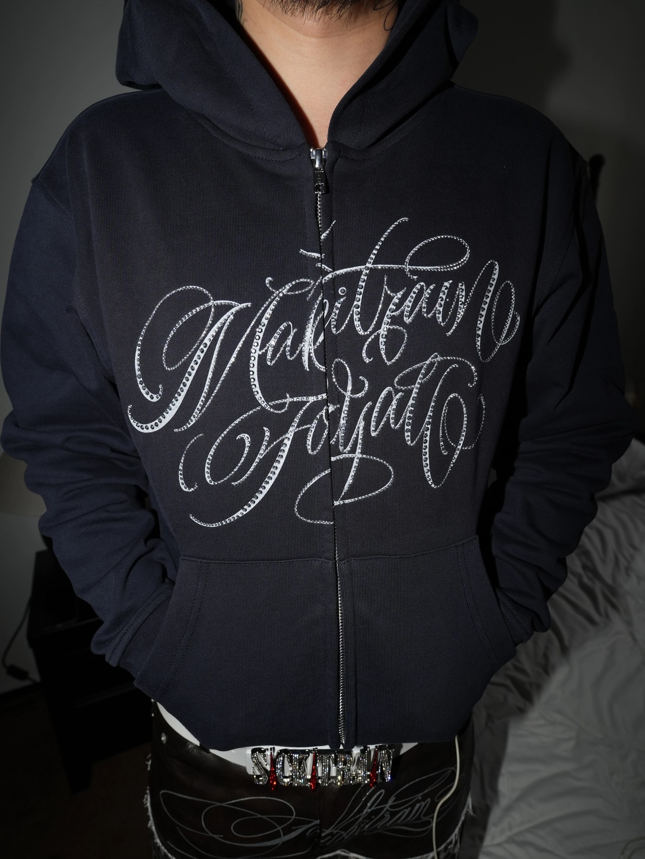 SIR rhinestone hull design hoodie - 2