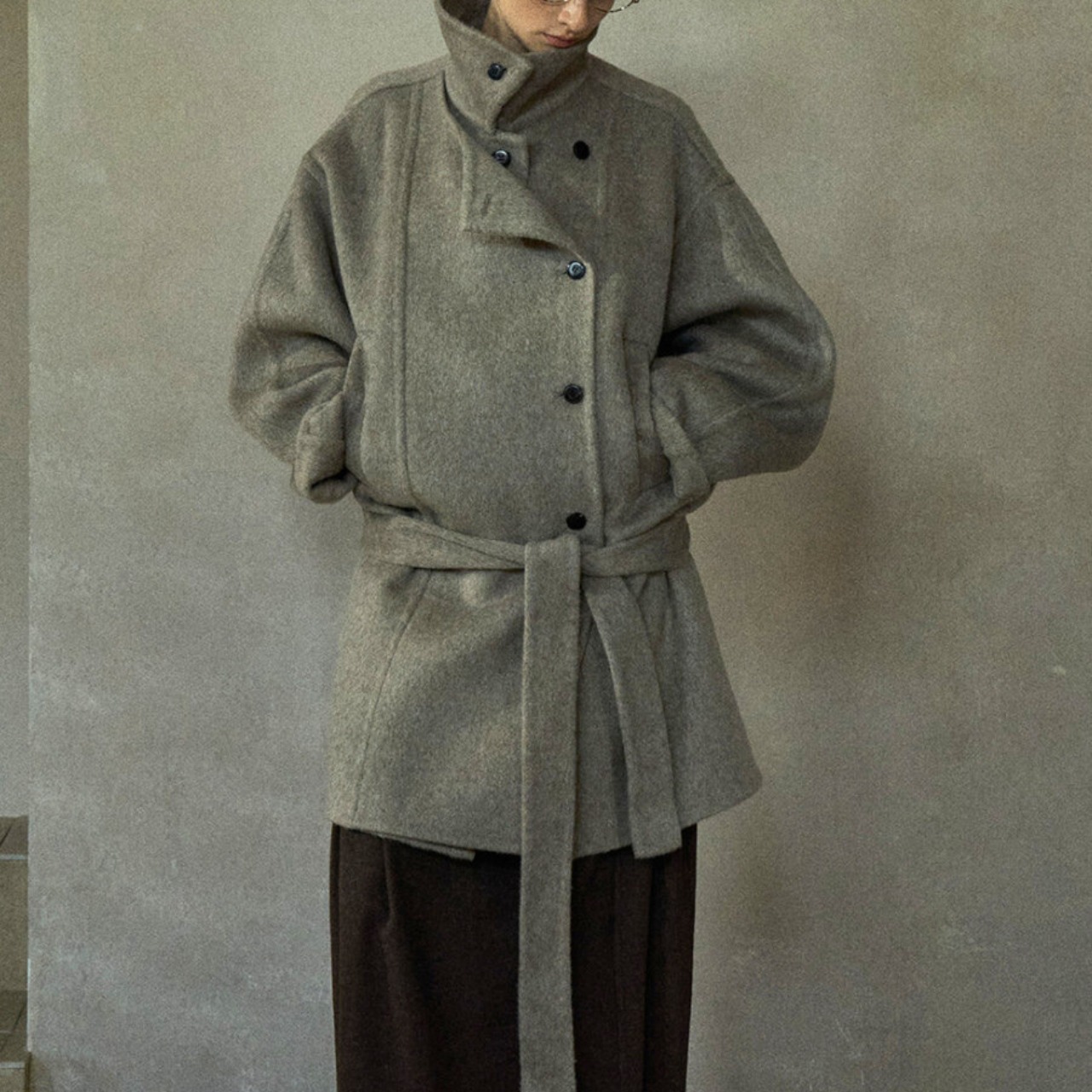 Stand Collar Belted Wool Coat  T4247