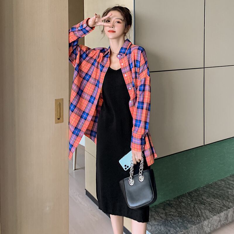 【新作】【送料無料】 マタニティウェア2020秋と冬の新しい小さな新鮮な妊娠中のツーピーススーツ格子縞のシャツ+ミドル丈のサスペンダースカート-アリババ オータム 秋物 ウィンター 冬物 expec259443381535