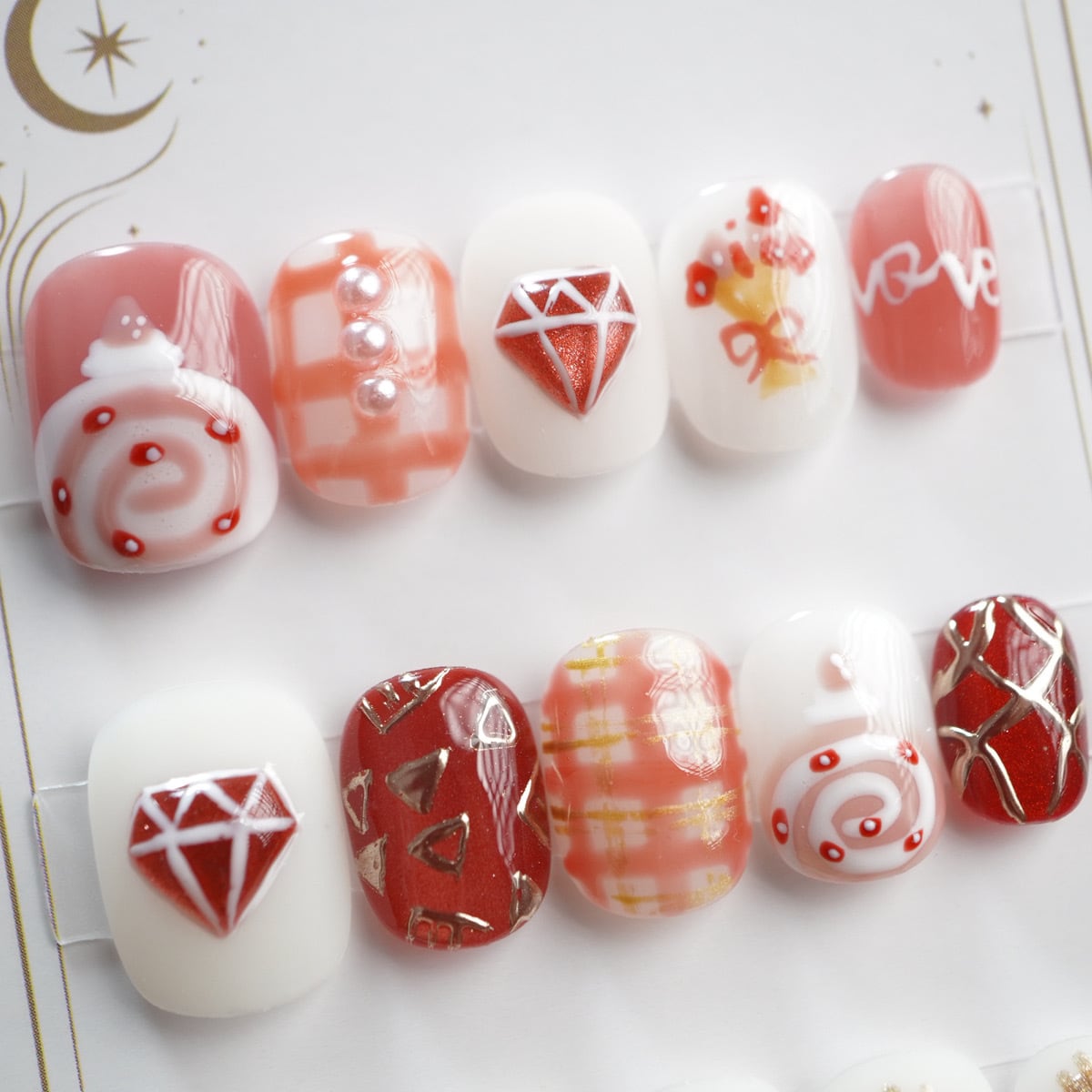 【#760】繰返し使える15枚セット【バレンタインデザイン】ネイルチップ//ベリーショート オーバル/XY