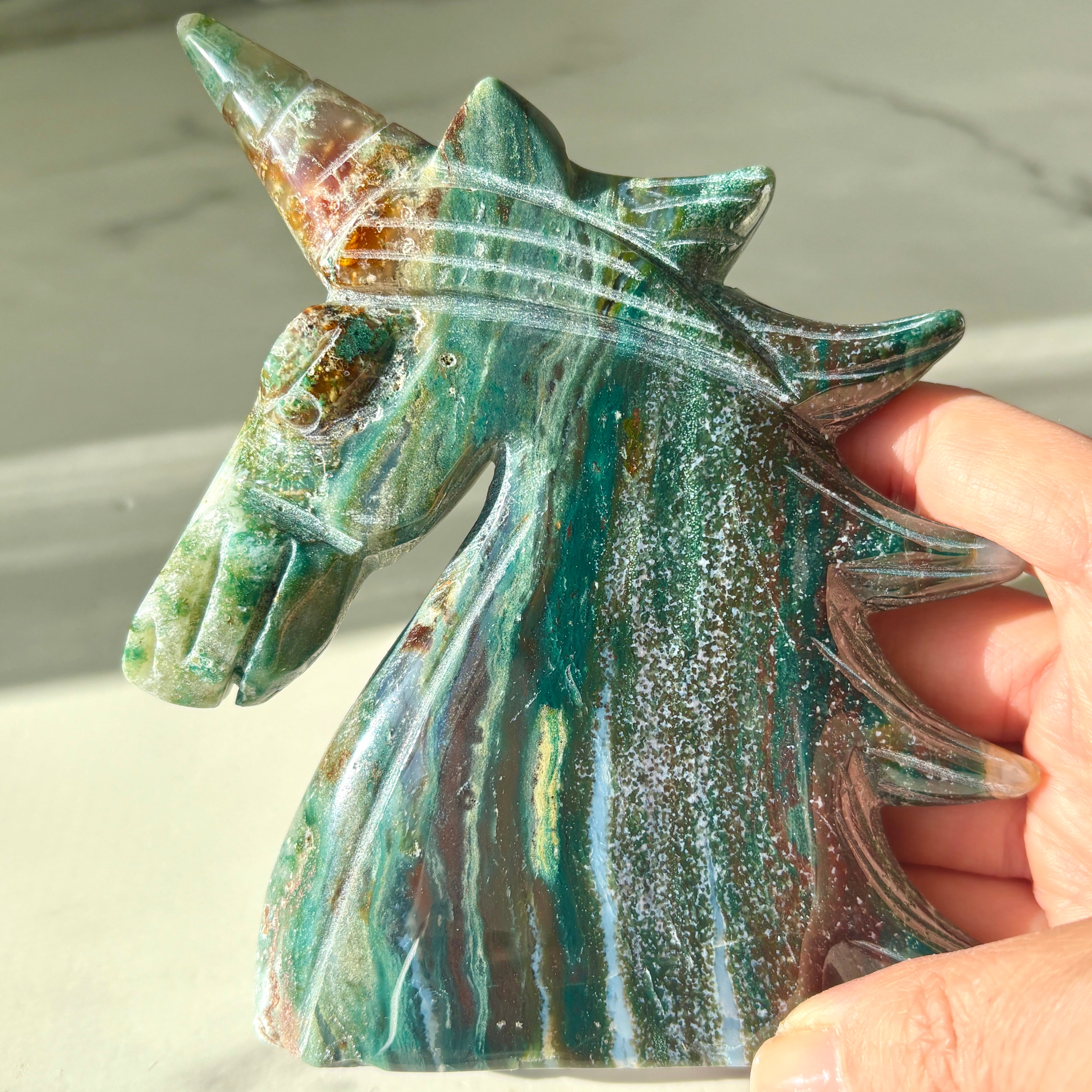 オーシャンジャスパー　鑑賞石　石　置物　オブジェ　インテリア オーシャンジャスパー ユニコーン カービング｜Ocean Jasper｜天然石