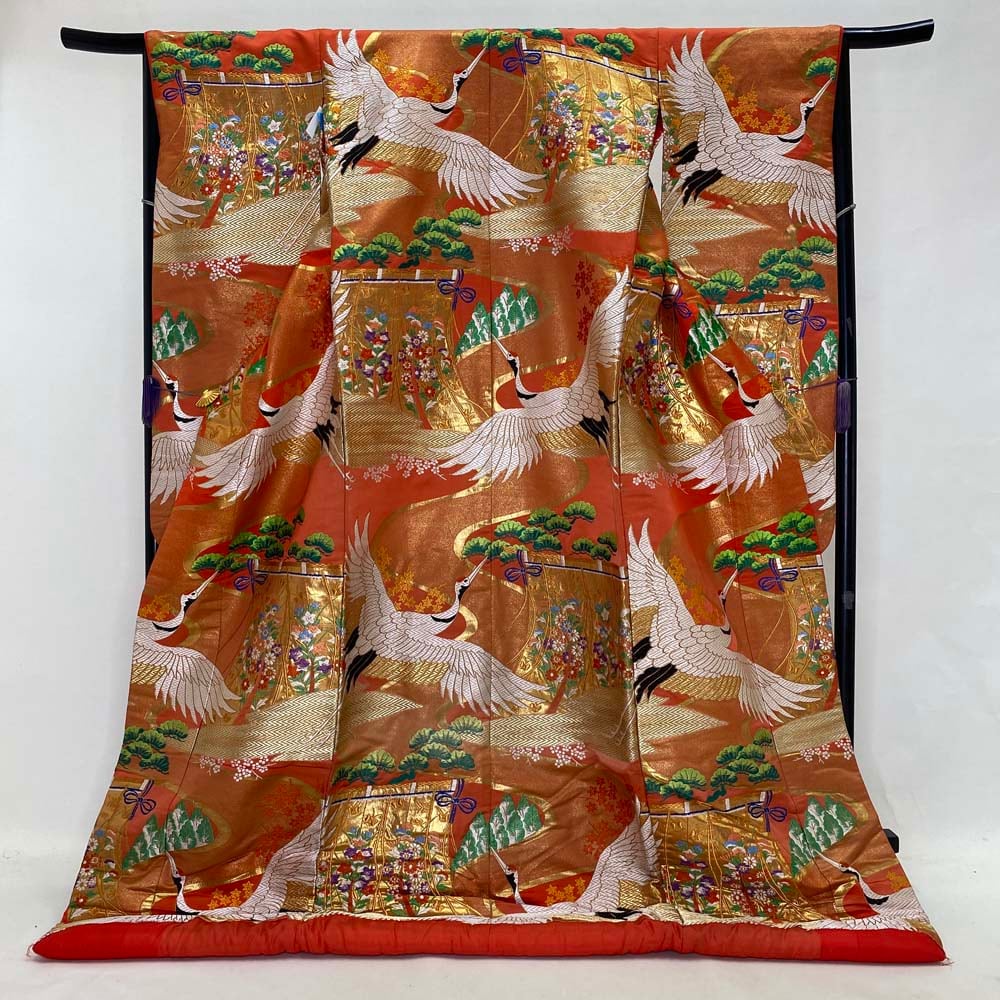 色打掛 正絹 松 鶴 刺繍 金 オレンジ 青海波 打掛 花嫁衣裳 婚礼  