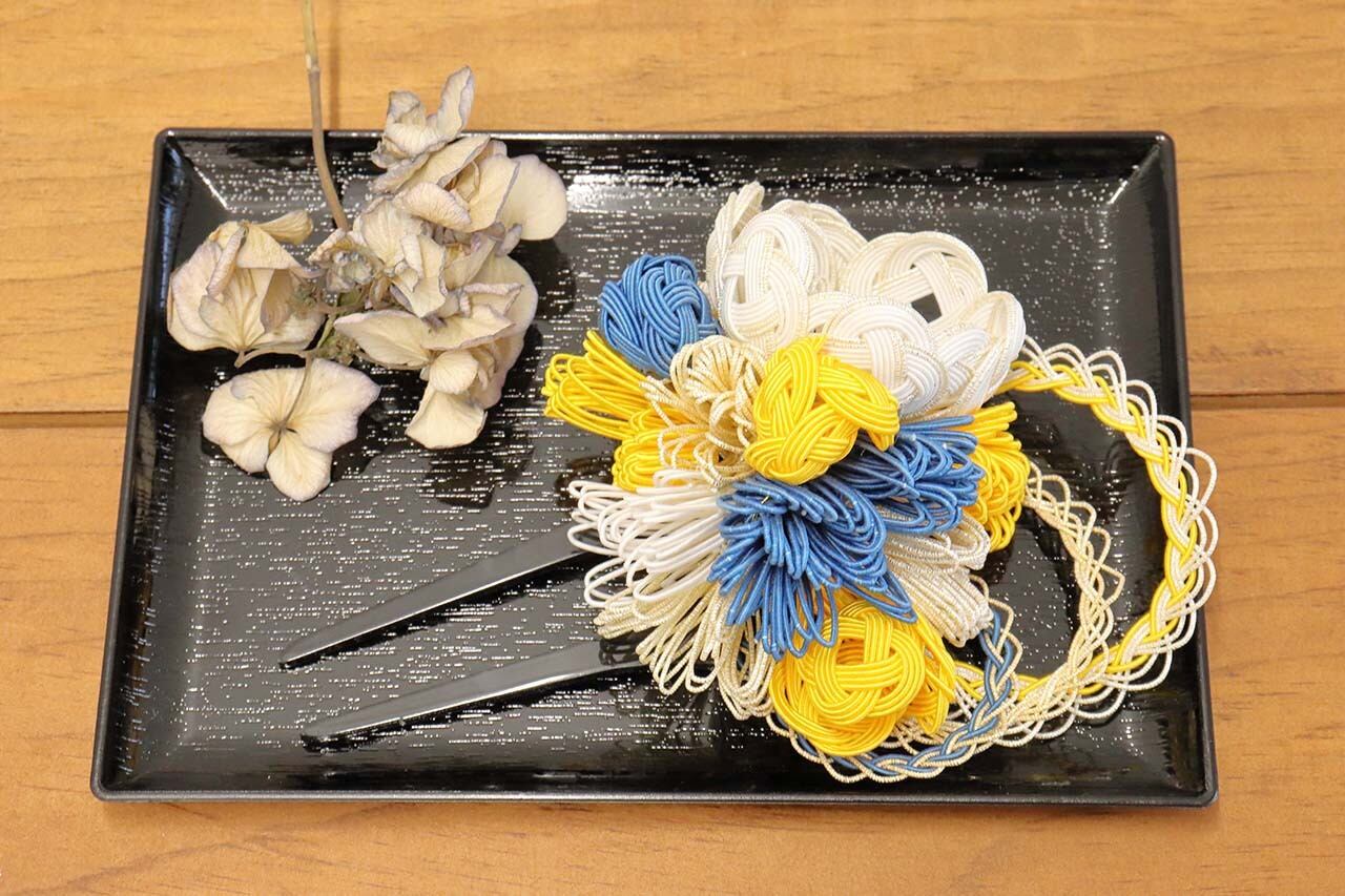 水引ヘアアクセサリー ブルー×イエロー お祭り 和装 お着物 お茶会