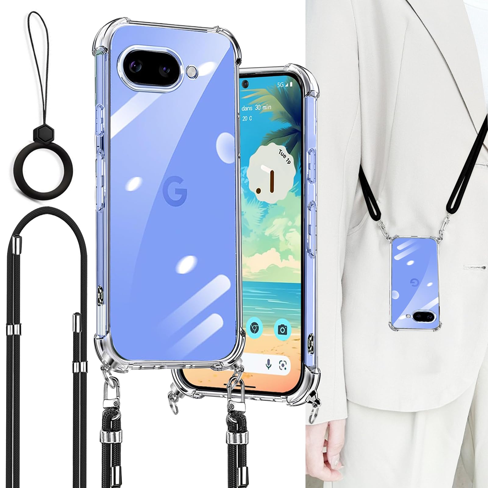Ausrann 対応 Google Pixel 10a ケース グーグルピクセル10Aカバー ショルダー ストラップ2枚付き 紐付き 首掛け 肩がけ