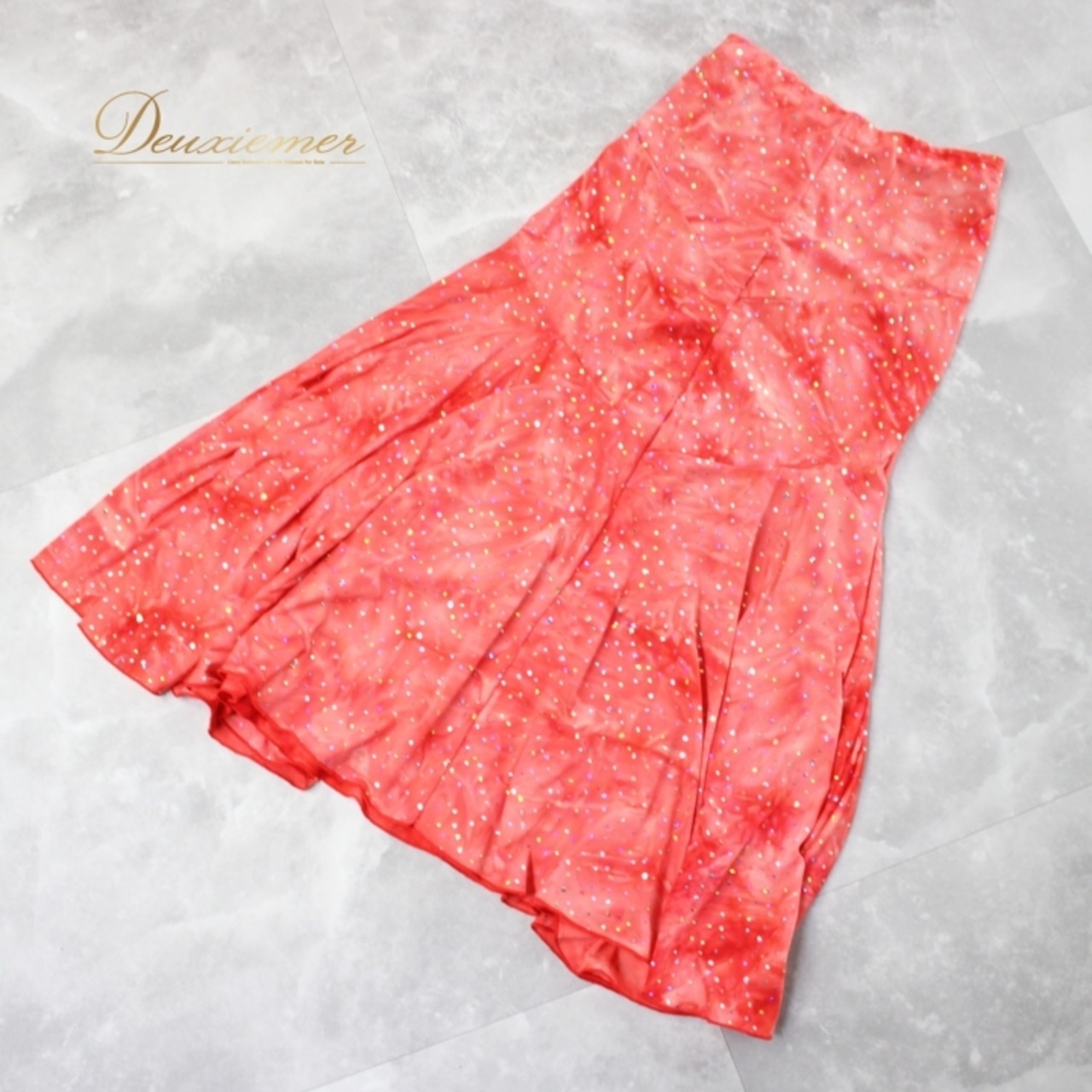 社交ダンス 衣装 スタンダード スカート レッスンウェア Create-Sun クリエイトサン 赤 レッド系 キラキラ ホログラム 朱色 バーミリオン ポリエステル スカート丈87cm ウエスト31cm~ ダンスウェア おしゃれ 動きやすい フェミニン カラフル パーティー 春夏用 普段着 スポーツウェア レディース用 目を引く 派手 華やか エレガント