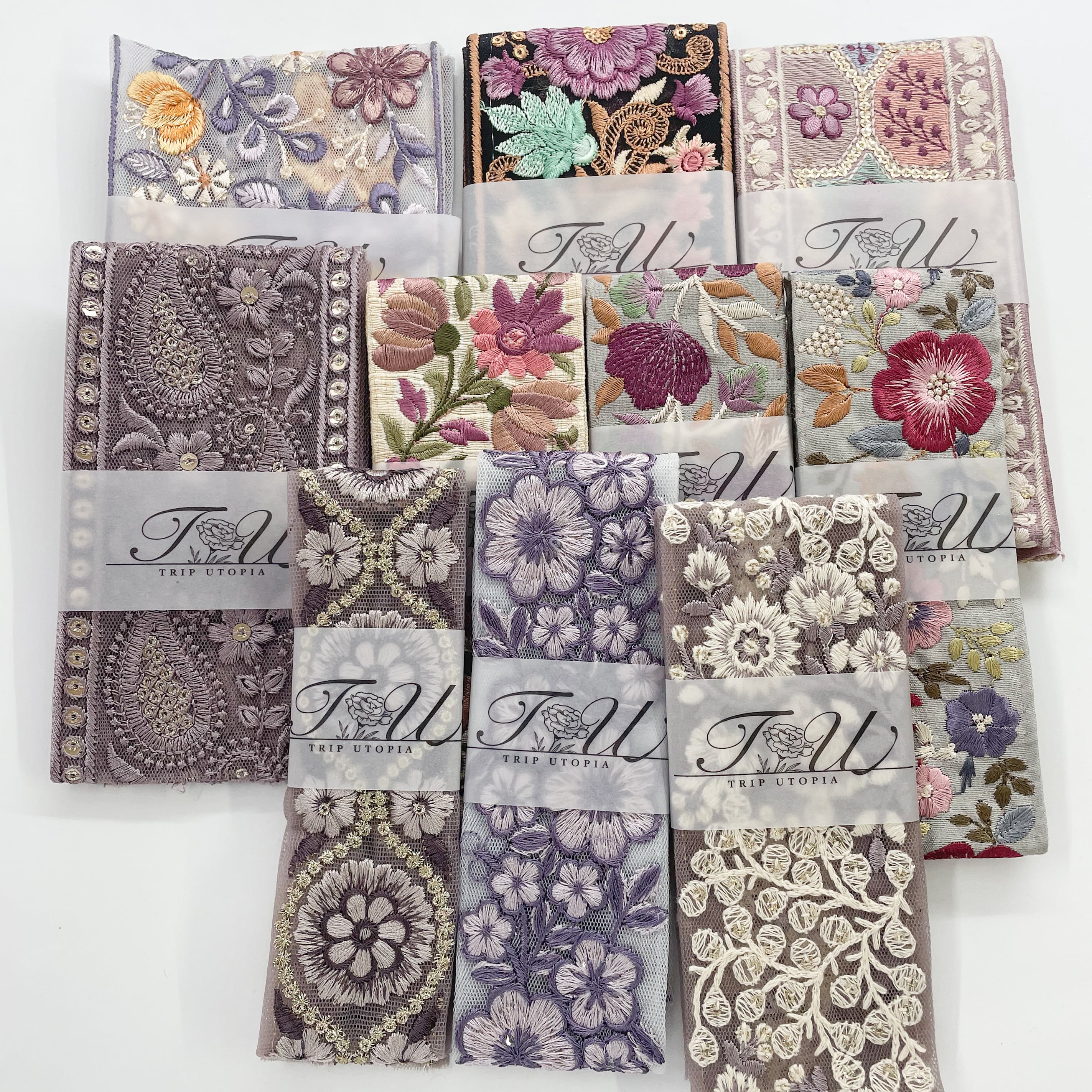 数量限定】パープル系インド刺繍リボンセット（50cmカット10本入り