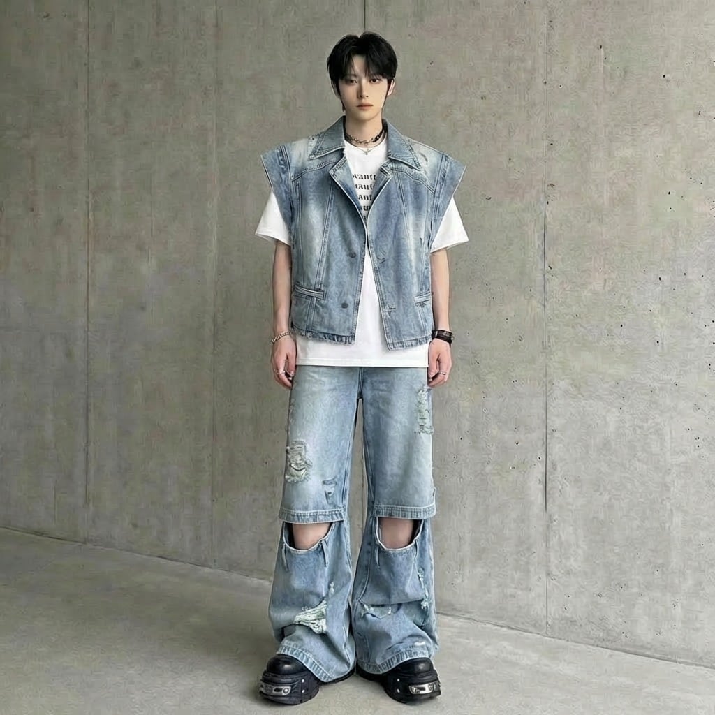 オーバーサイズ クラッシュデニムセットアップ D12272