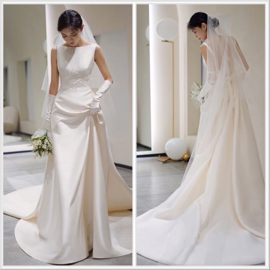 オーバースカート サテン ノースリーブ シンプル ウエディングドレス  