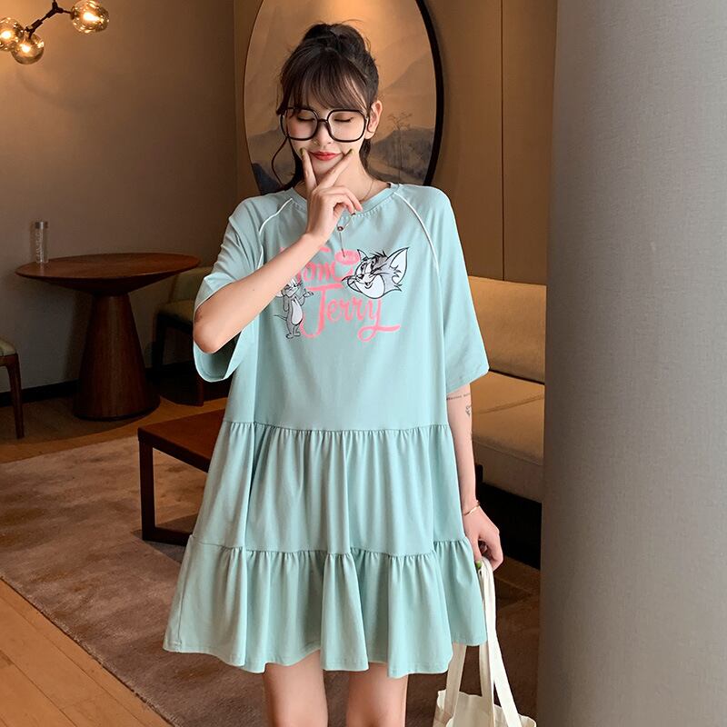 【新作】【送料無料】 マタニティウェア2020夏の新しいニット漫画ルーズドレス、トレンディな母親のミドル丈、年齢を減らすマタニティドレス-アリババ サマー 夏物 expec249960864777