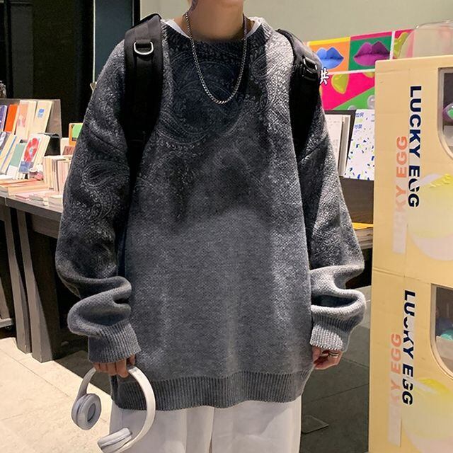 【予約販売】ニット ペイズリー柄 グラデーション オーバーサイズ メンズ グレー ホワイト ブラック セーター こなれ感 お洒落 韓国 トレンド 秋冬 M/L/XL/2XL/3XL/4XL/5XL