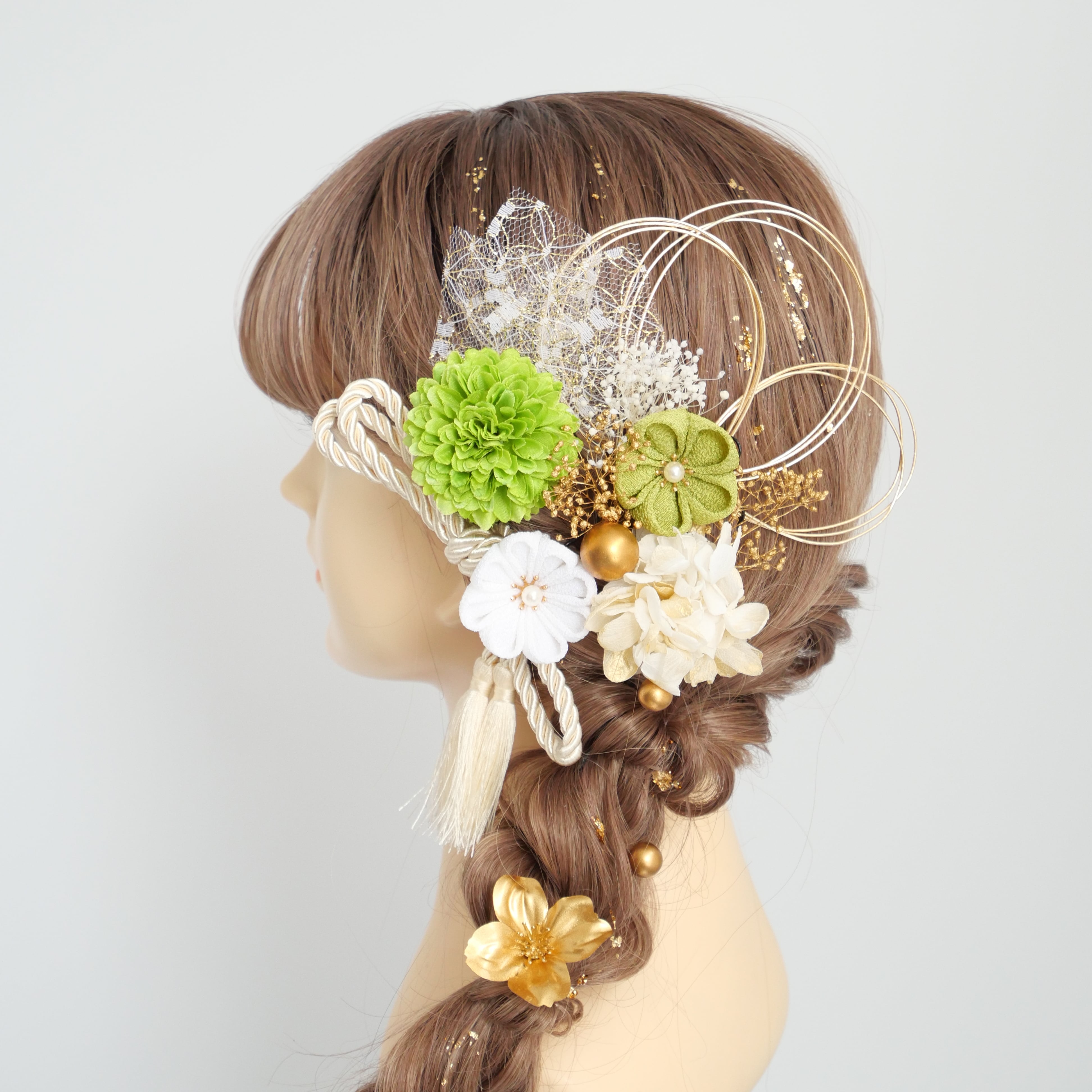A412 つまみ細工 髪飾り 緑 卒業式 袴 結婚式 ドライフラワー 成人式