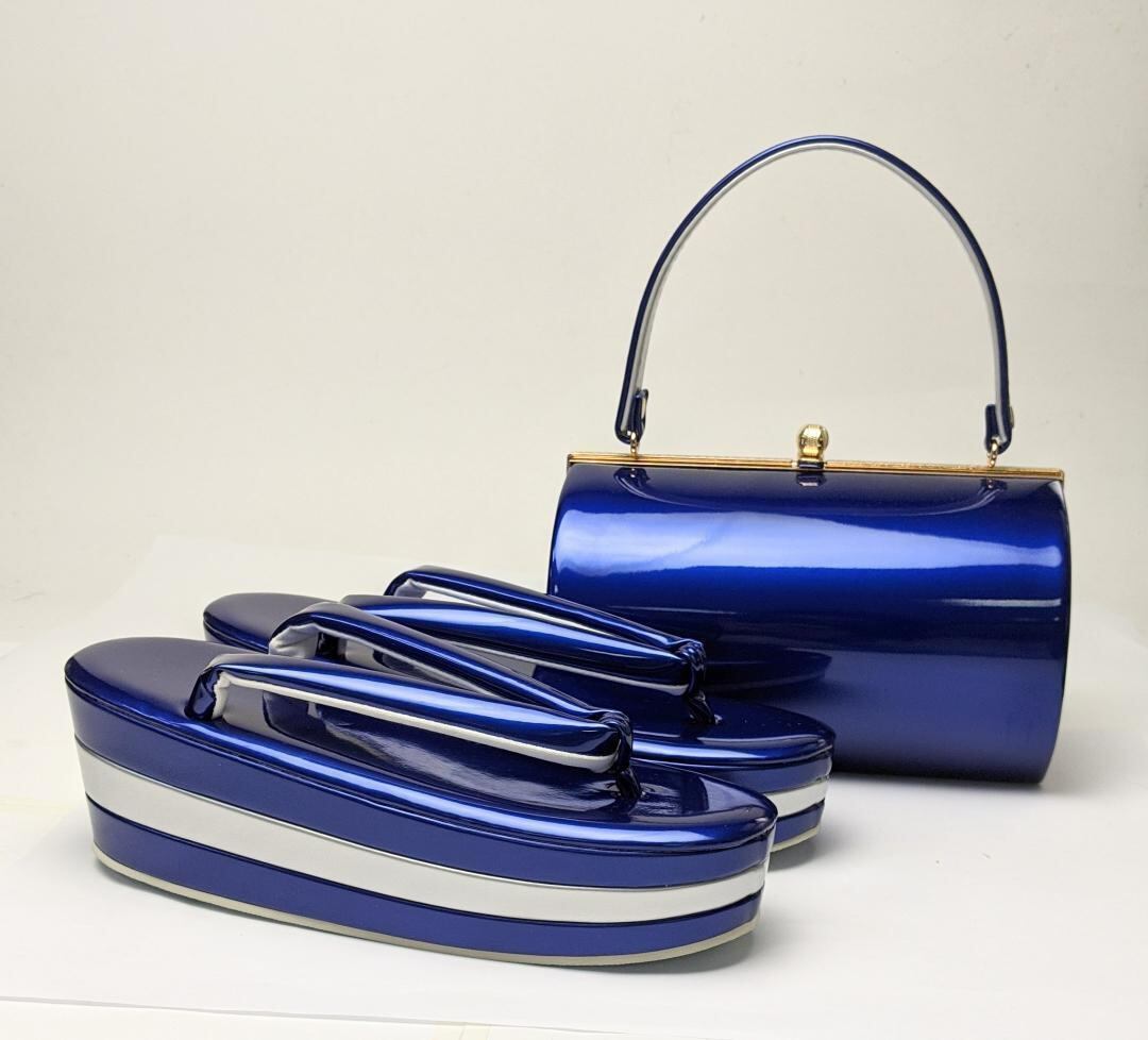 和装 草履バッグセット エナメル 青×シルバー 3枚芯 フリーサイズ w42-4