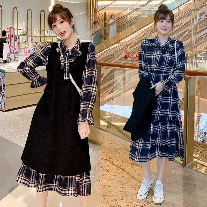 【新作】【送料無料】 マタニティ服春秋弓結び目装飾ゆるい妊娠中のドレス服妊娠中の女性妊娠中の服 リボン スプリング 春物 オータム 秋物 AL expec342084619650