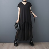 Vネック 異素材切替 フレアロング ワンピース  30291