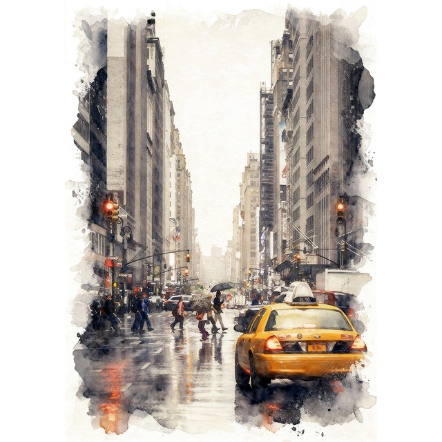 絵画 風景画(街並み)  アメリカ ニューヨークマンハッタン5番街 インテリアアート額付き 水彩画風 WAT1800