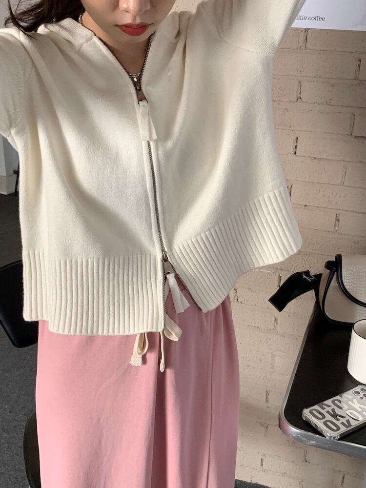 フードジッパーカーディガンホワイトルーズ薄手ジャケット ビッグFスモールZ韓国36903611055