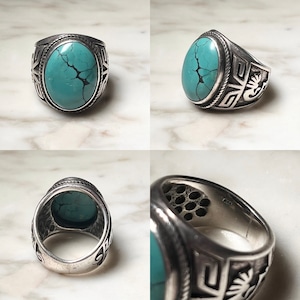 vintage heavy gauge silver turquoise ring " kokopeli "
